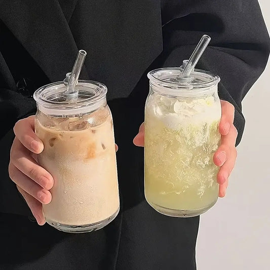Glass Cup Set with Lids & Straws